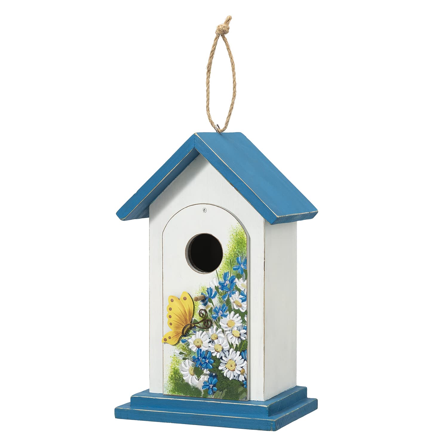 Glitzhome 11.75  H Distressed Solid Wood Daisy with Butterfly Birdhouses Garden Hanging Bird House for Outdoors