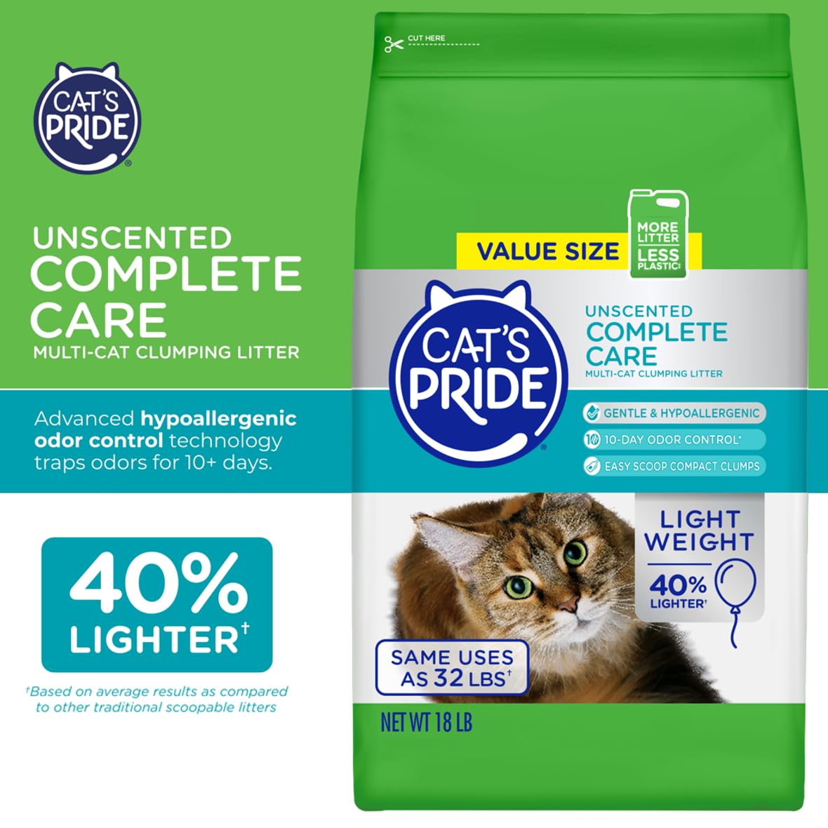 Cat'S Pride Premium Lightweight Clumping Litter: Complete Care - Up To 10 Days Of Powerful Odor Control - Hypoallergenic - Multi