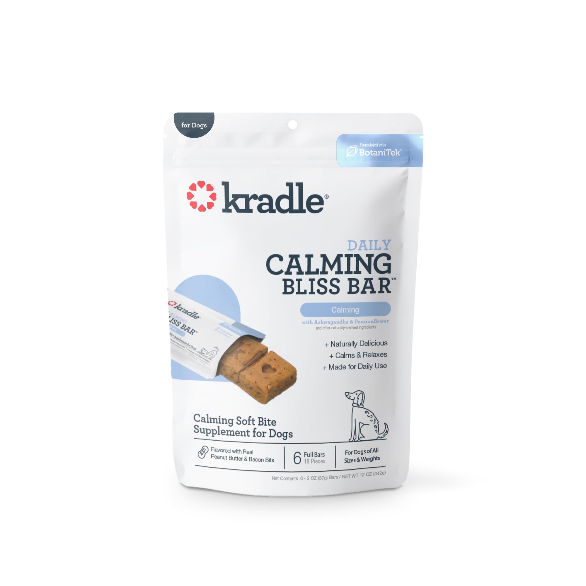 Kradle Bliss Bars - All-Natural Calming Peanut Butter Bars with GABA & L-Theanine for Happy, Relaxed Dogs - 6 Count