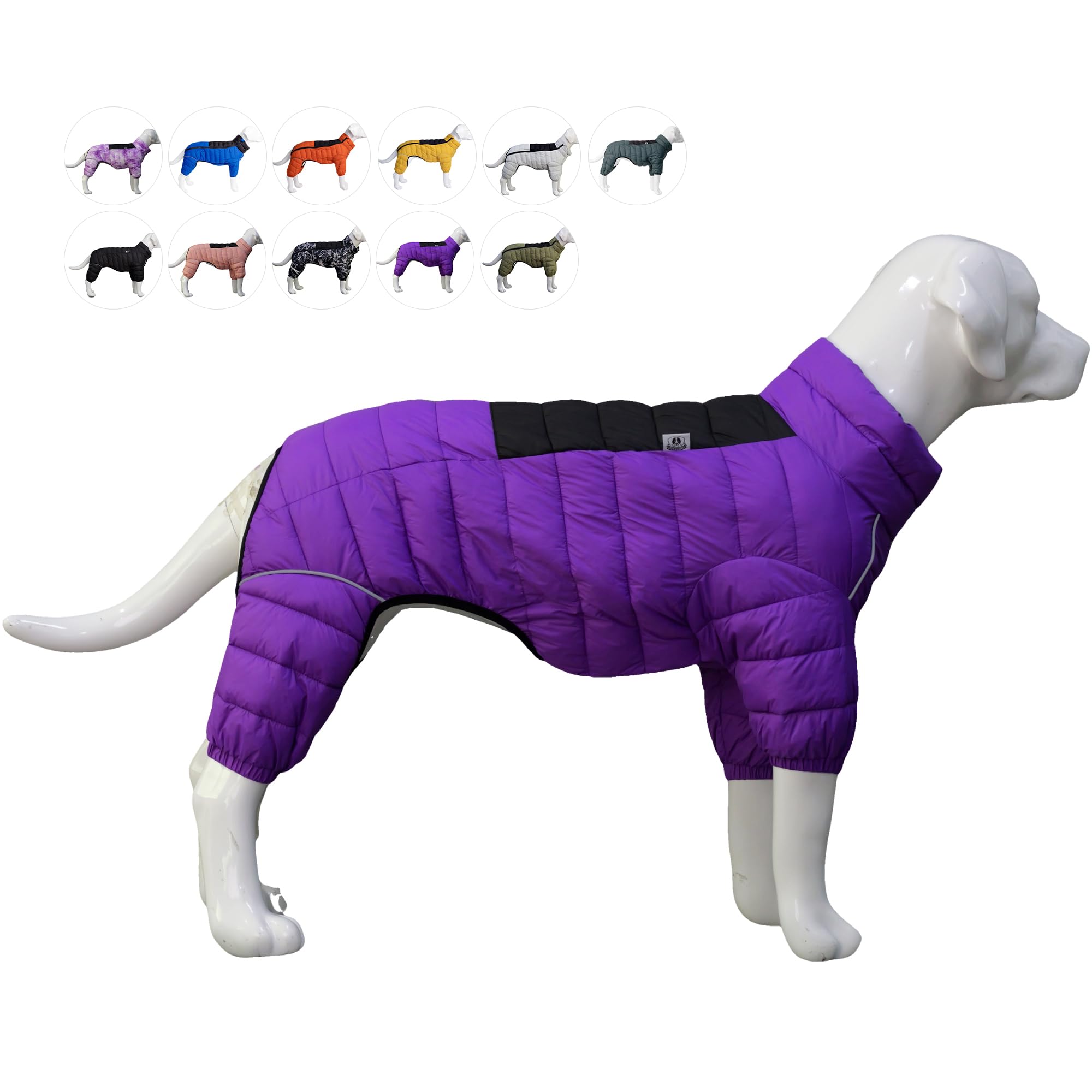 Dog Jacket 4-Leg Cover, Waterproof Windproof Reflective Warm Vest for Indoor/Outdoor, Adjustable Zippered, Medium Large Dogs, Pu