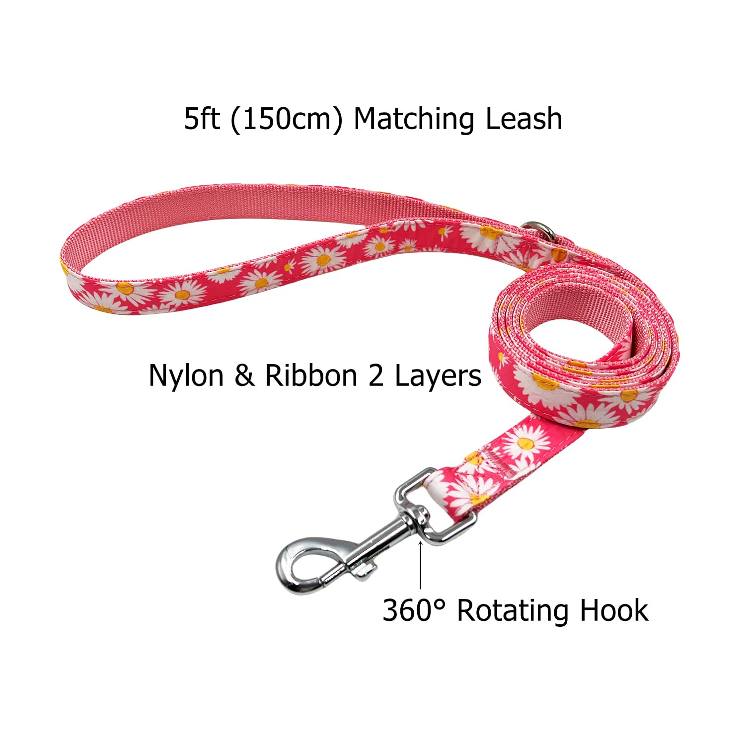 Olahibi Dog Collar Leash Set, Floral Pattern, Nylon Webbing Plus Cotton Ribbon, 5Ft Matching Leash, For Small Dogs.(S, Pink Dais