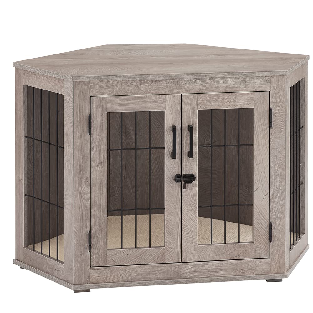 beeNbkks Furniture Corner Dog Crate/Kennel Wooden End Table with Cushion, Indoor Pet Crate Side Table for Small Medium Dogs Pupp