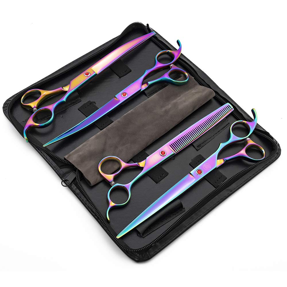 Moontay Professional 8.0' Dog Grooming Scissors Set, 4-Pieces Straight, Upward Curved, Downward Curved, Thinning/Blending Shears For Dog, Cat And Pets, Jp Stainless Steel, Multicolour