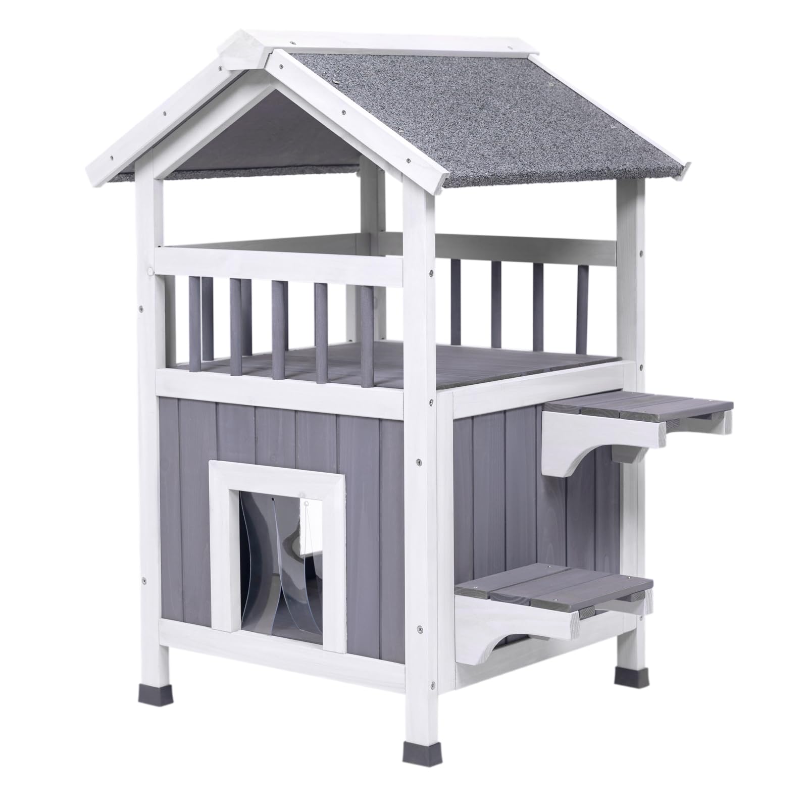 Geguri Outdoor Cat House Weatherproof, Wooden Two-Story Feral Cat Shelter With, Escape Door, Balcony