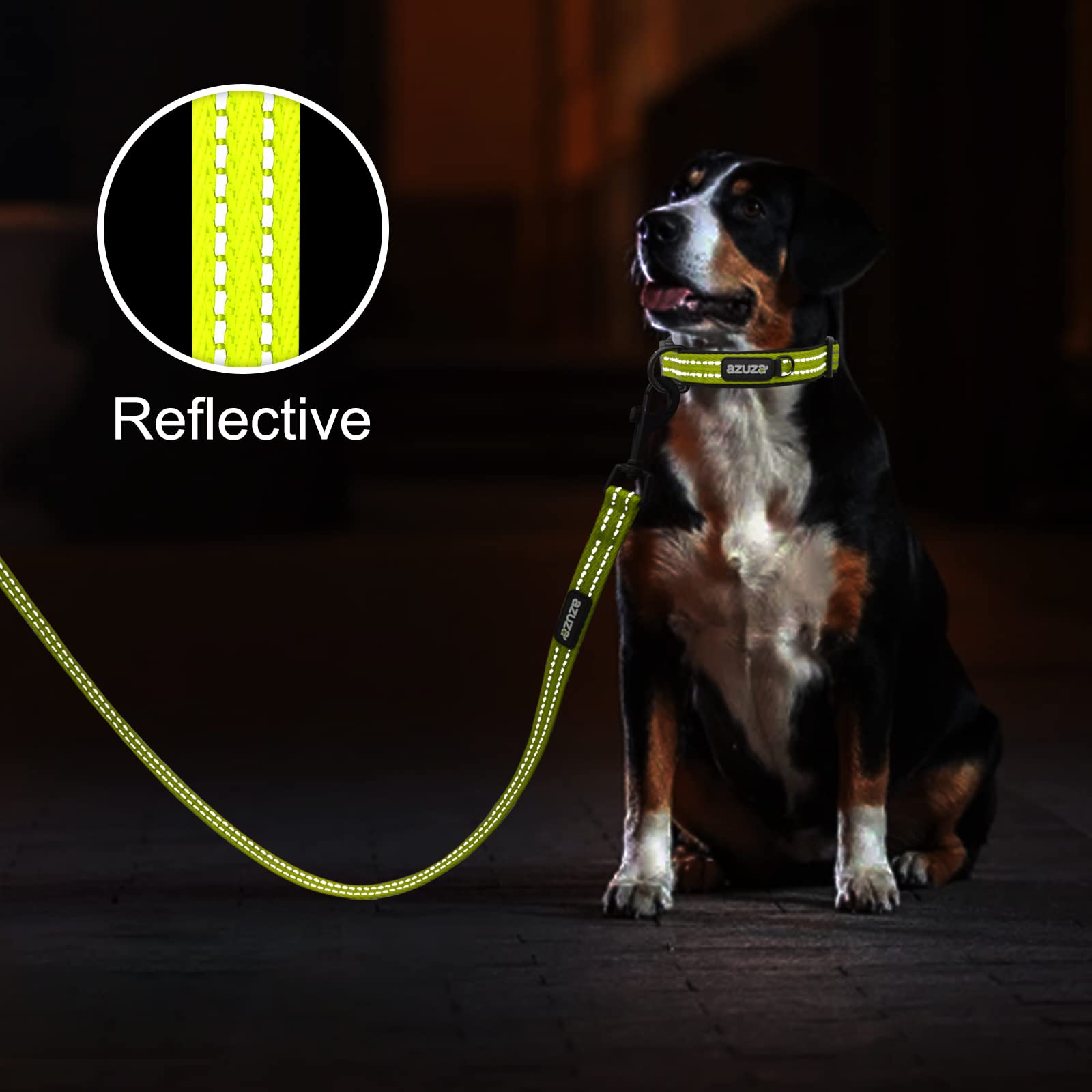 Zuza Dog Collar And Leash Set, Durable Padded & Reflective Strip, Super Comfy For Medium Dogs, Fluorescent Yellow