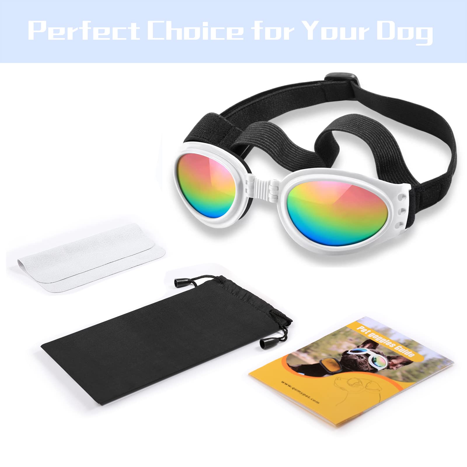 Qumy Dog Sunglasses Dog Goggles For Medium Large Breed Dogs, Wind Dust Fog Protection Eye Wear Pet Glasses With Adjustable Strap For Motorcycle Car Driving Bike Riding Hiking Swimming Over 15Lbs White