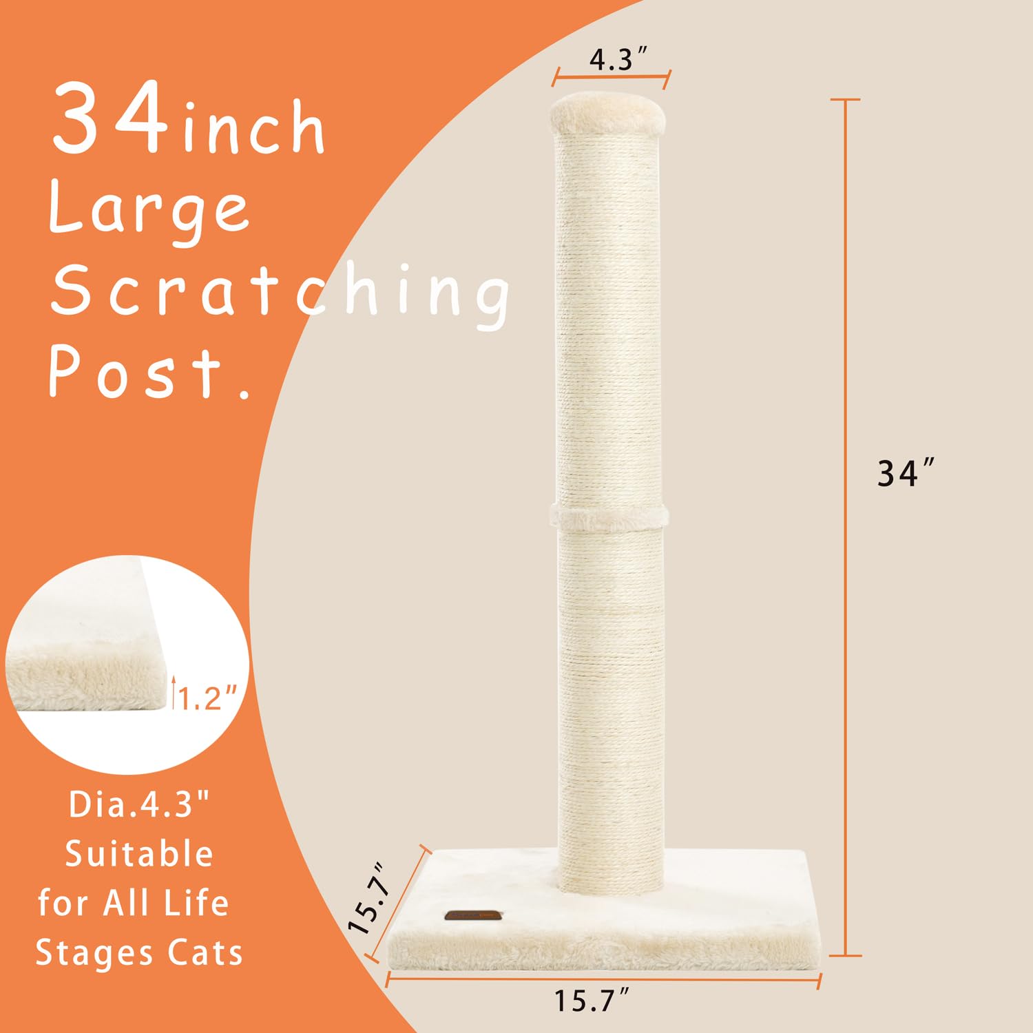 Karolpar 34Inch Cat Scratching Post With Natural Sisal Rope 4.3Inch Large Diameter Scratcher Post Tree For Indoor Cats Beige