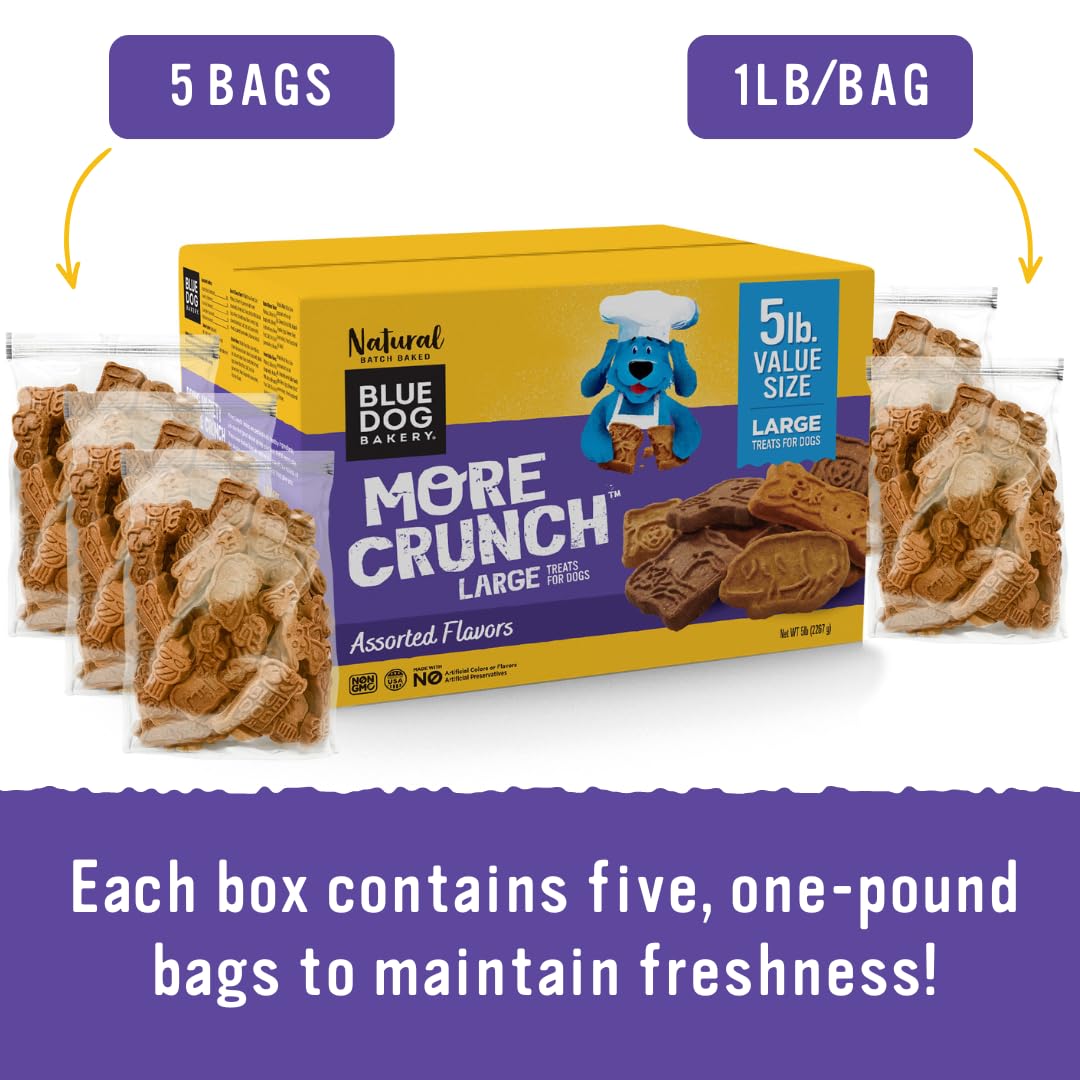 Blue Dog Bakery More Crunch Biscuits Value Box | Large, Bacon, Chicken, Cheese, Peanut Butter | Natural Healthy Dog Treats, 5 Po