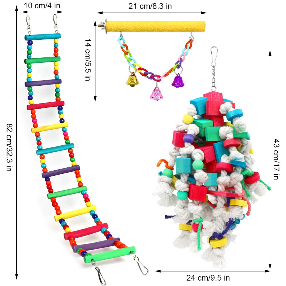 Petuol Bird Toys, Large Bird Swing Toys, 3 Pcs Parrot Toys Chewing Wood With Bells Toys For Small Macaws Cockatoos, Alexandrine