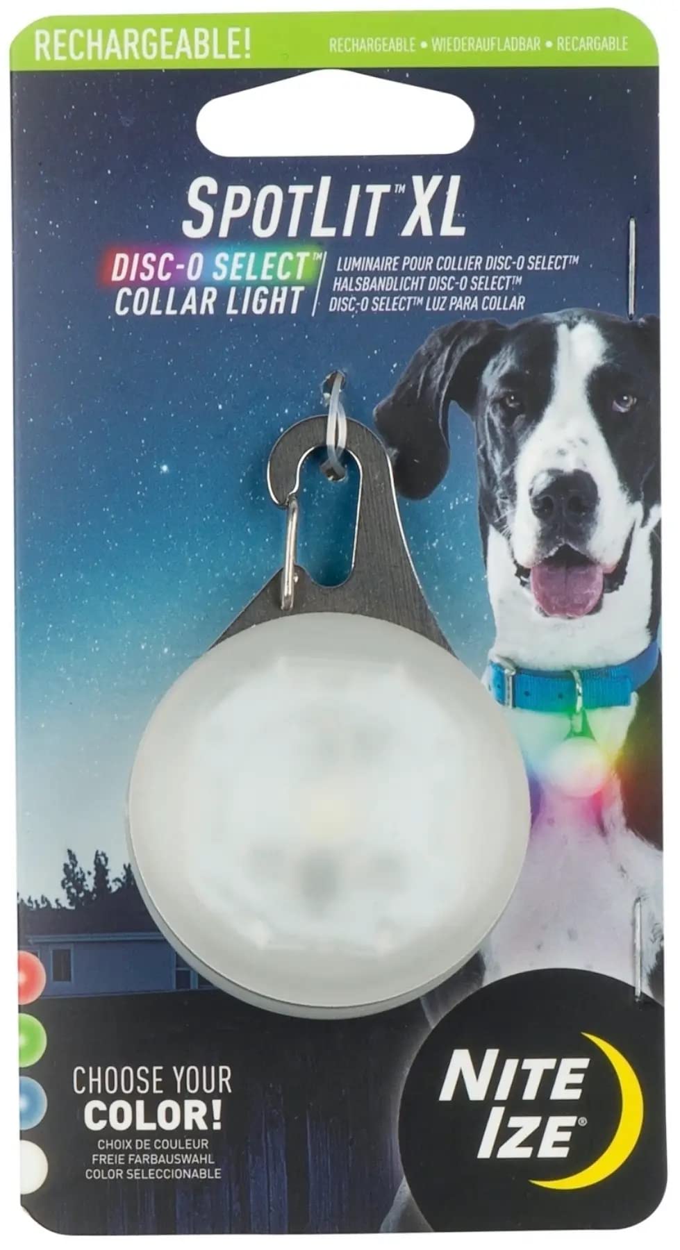 Nite Ize Spotlit Xl Rechargeable Collar Light - Carabiner Keychain Clip With Led Light - Clip Color-Changing Light For Dog Collars - Disc-O Select