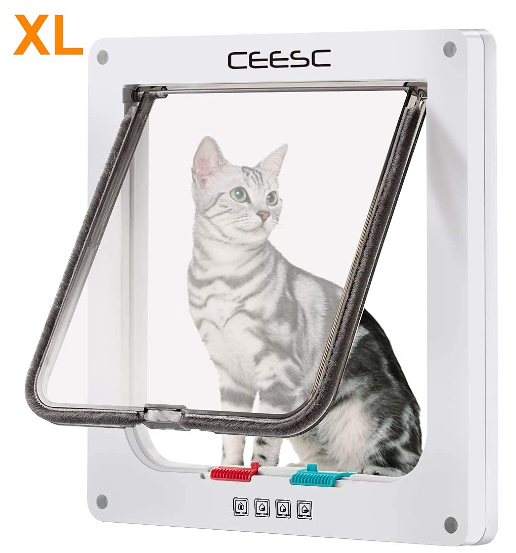 Ceesc Large Cat Door (Outer Size 11' X 9.8'), 4 Way Locking Cat Door For Windows & Sliding Glass Door, Weatherproof Cat Flap Door For Cats & Doggie With Circumference < 24.8'