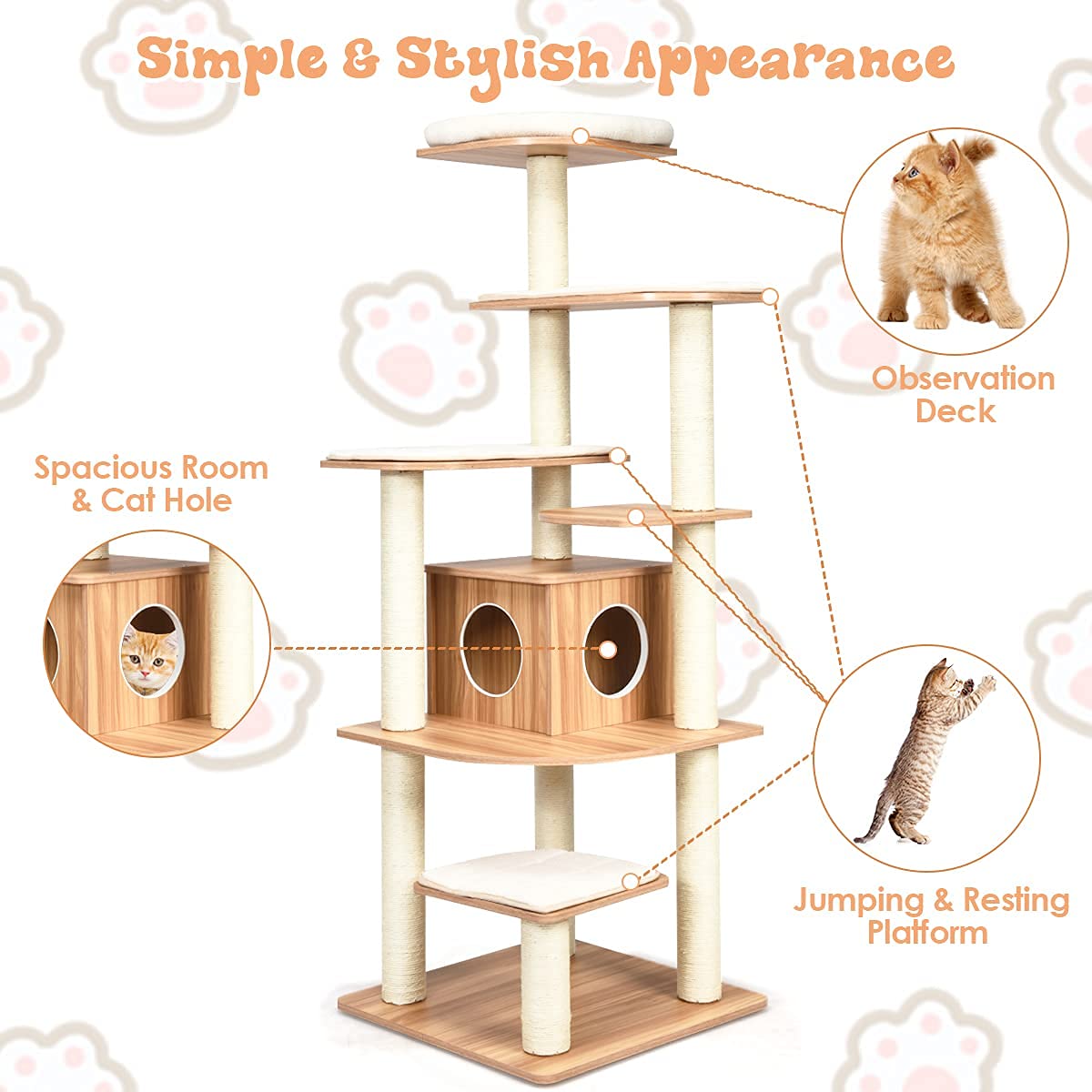 Tangkula Tall Cat Tree, 69-Inch Modern Cat Tower with Sisal Rope Scratching Posts, Wood Cat Tree with Multi-Layer Platform, Cat