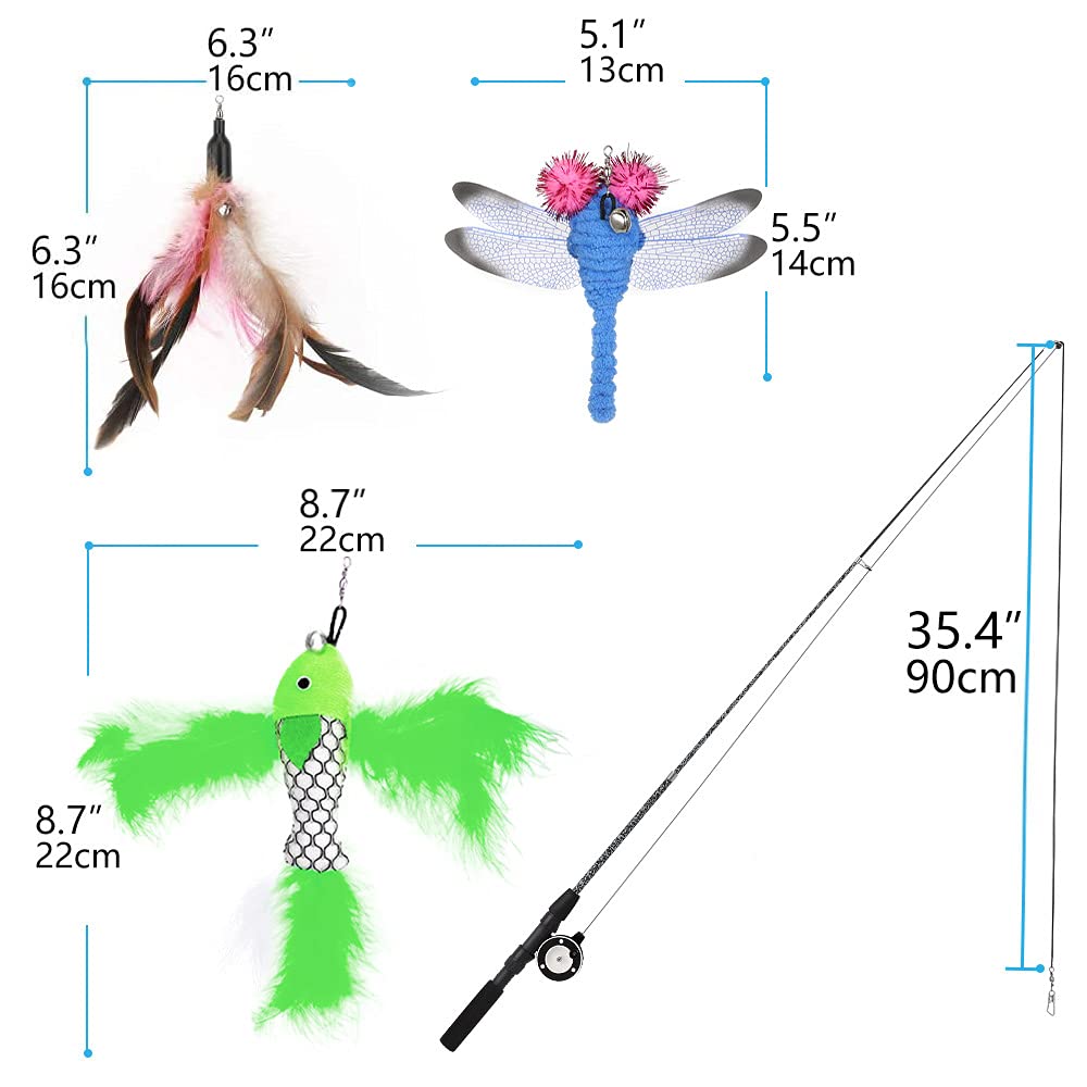 Pawaboo Cat Feather Toys, 4 Pack Interactive Cat Feather Teaser Wand Toys, Retractable Fishing Pole Wand Catcher Exerciser With Refill Fish, Dragonfly Worm With Bells, Fun Cat Kitten Kitty Playing Toy