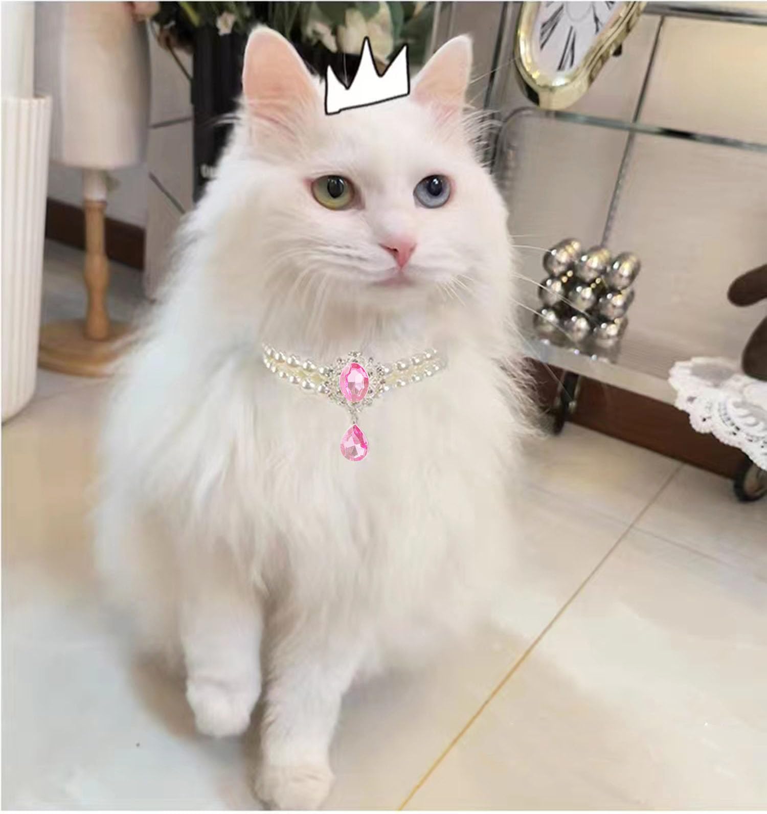 Daovace 2 Row Pearls Collar For Cats Pearl Dog Rhinestone Necklaces For Small Dogs Accessories Cat Pearl Collar (Small, Pink)