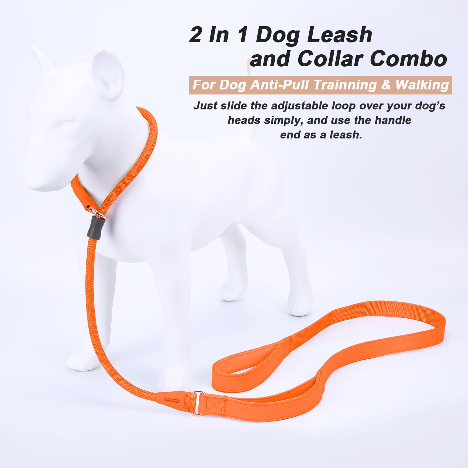 Aaufilux Slip Lead Dog Leash, Double Handle, Soft Leather, Heavy Duty Nylon, No Pull Walking, Medium Large Small Dogs, 5Ft Orang