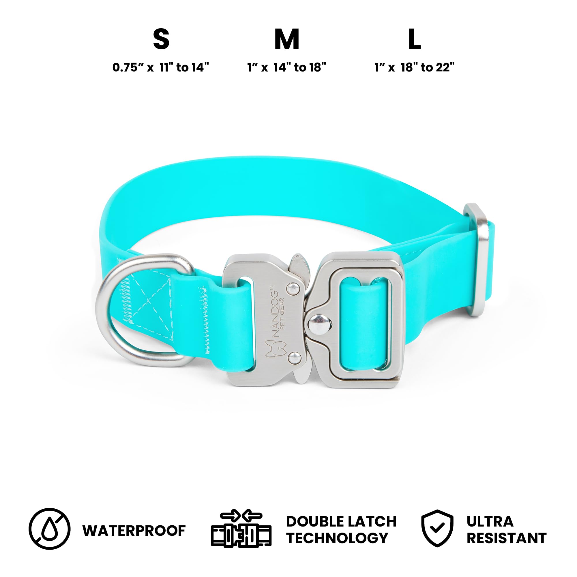Nandog The Signature Collection Waterproof Poly-Flex Sport Dog Collar In Small, Aqua Blue - Durable & Adjustable - Secure Double