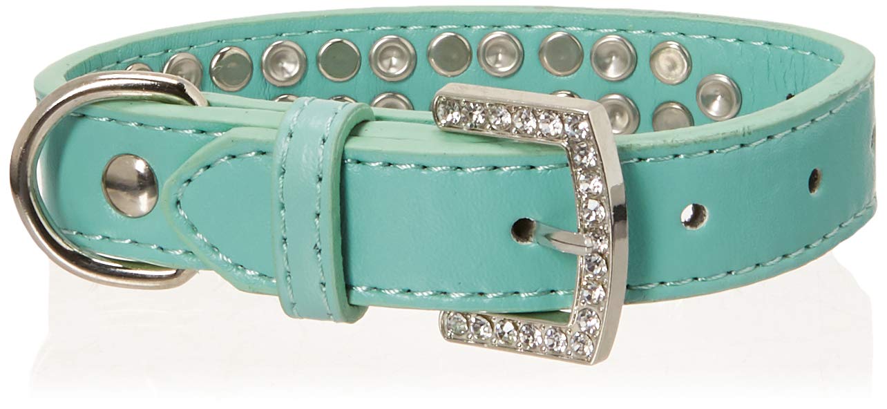 Dog, Puppy & Pet Fashion Collar, &quot;Two Row Pearl And Pink Crystal Rimsets&quot; Aqua 12