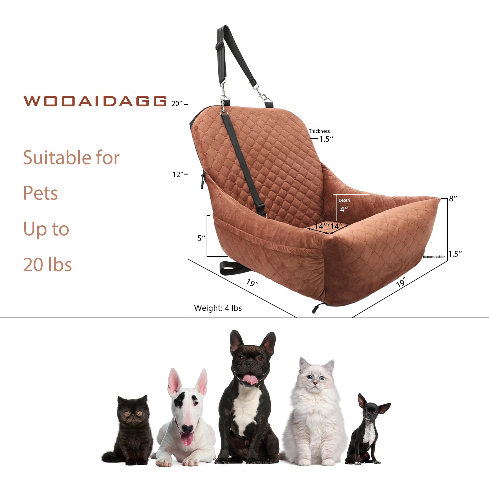 WOOAIDAGG Dog Car Seat for Small Dogs,Easy to Assemble,Comfy Cushion Fill in Memory Foam,2 Clip-On Safety Leashes and Storage Po