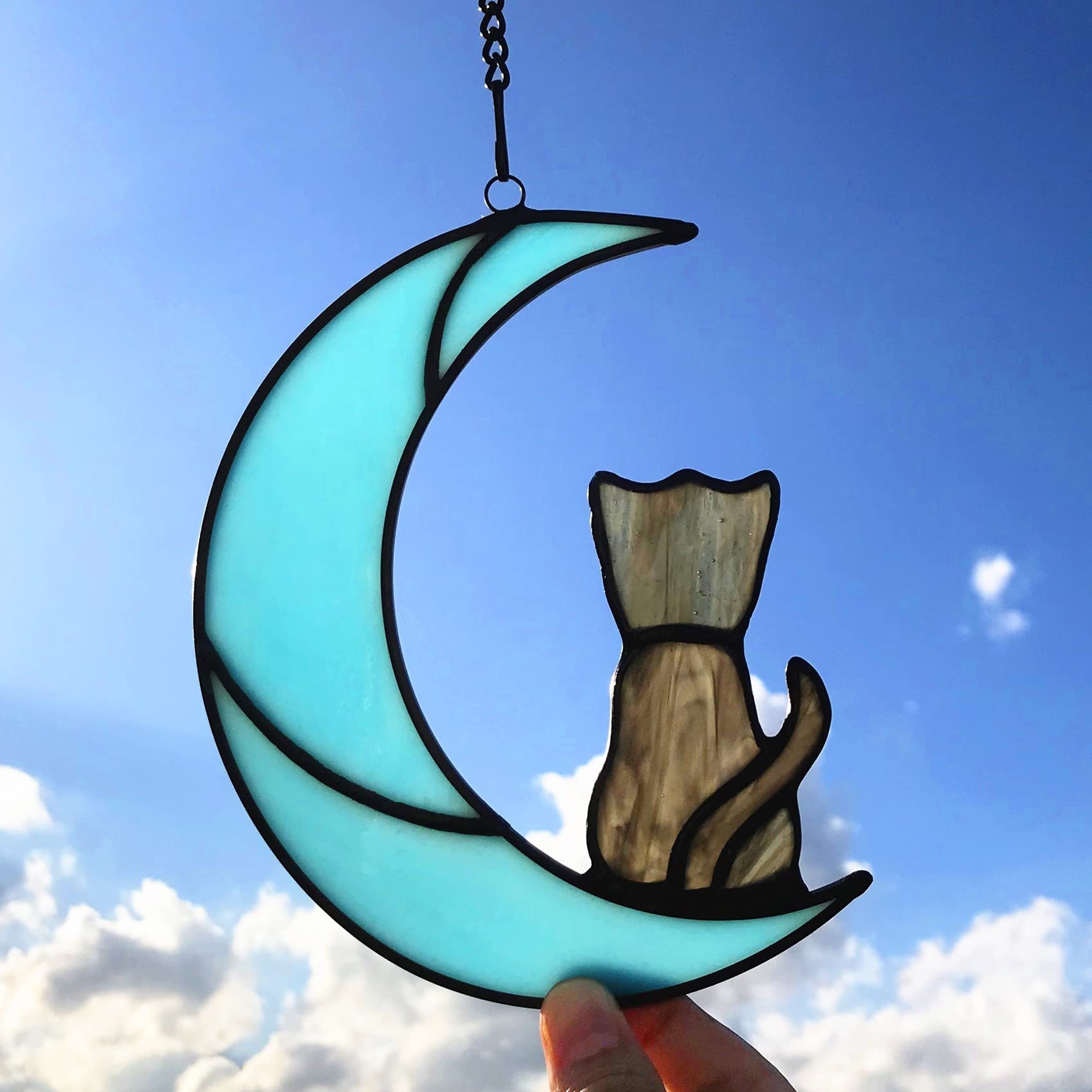 Lcensp Grey Tabby Cat Decor On Blue Moon Stained Glass Window Hanging - Memorial Gift For Cat Lovers, Suncatcher Pet Ornament