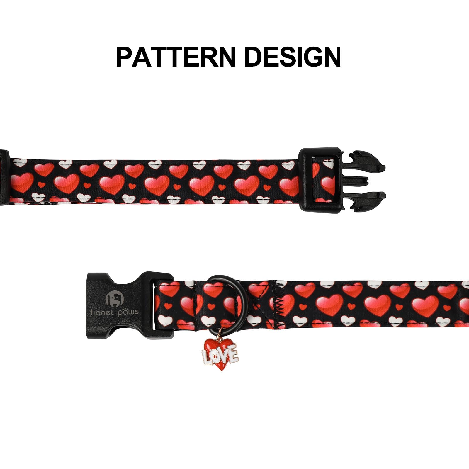 Lionet Paws Valentine'S Dog Collar- Cute Sweet Pink Heart Black Dog Collars With Plastic Buckle, Light Adjustable Dog Collars Fo