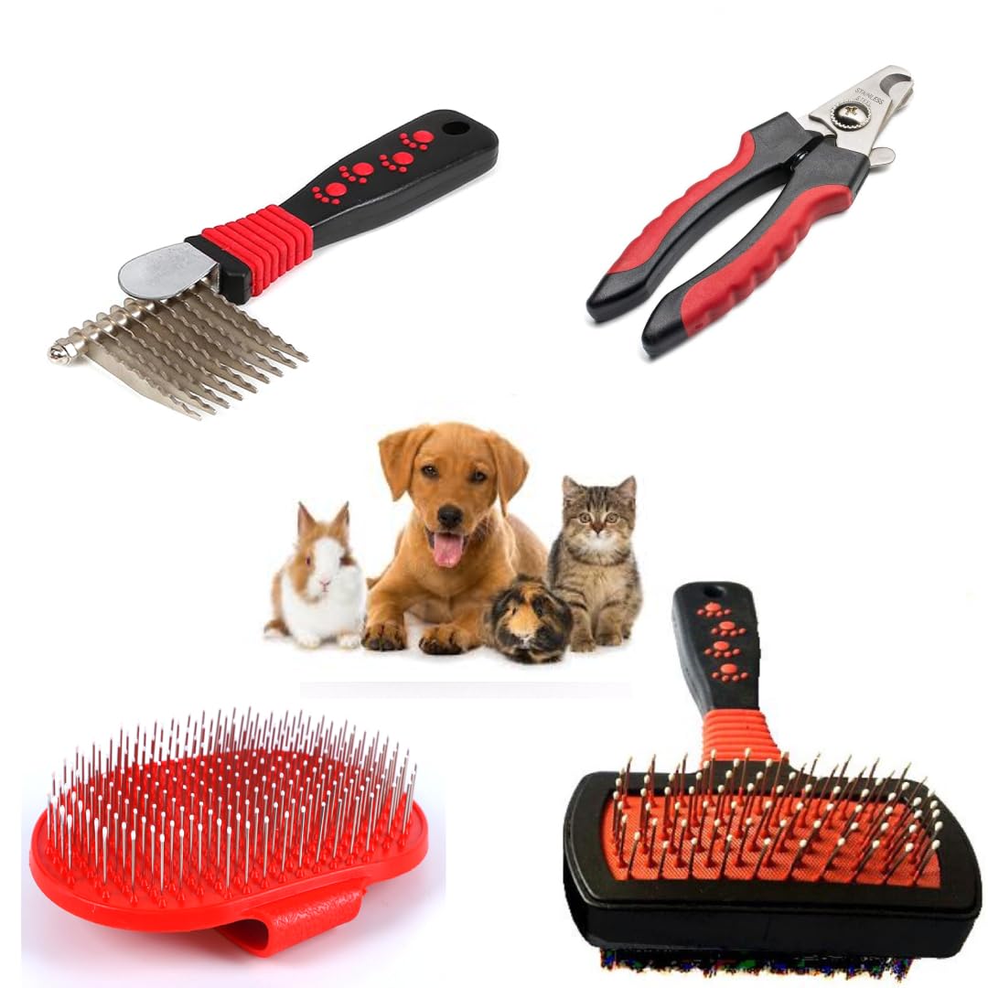 Dog Brush Kit (4 Pieces) - For Shedding, Undercoat Rake For Dogs, Small Or Large Long And Short Haired Dog, Cat, And Puppy- Safe & Effective Includes Nail Clipper, 2 Brushs, & Dematting.