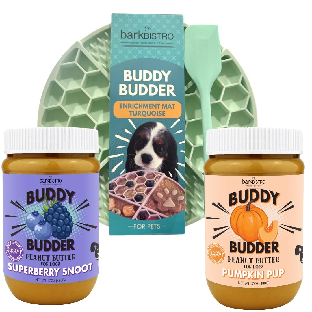 BUDDY BUDDER Superberry Snoot + Pumpkin Pup Blue Dog Enrichment Mat Combo, 100% Natural Peanut Butter, Healthy Dog Treats - Made