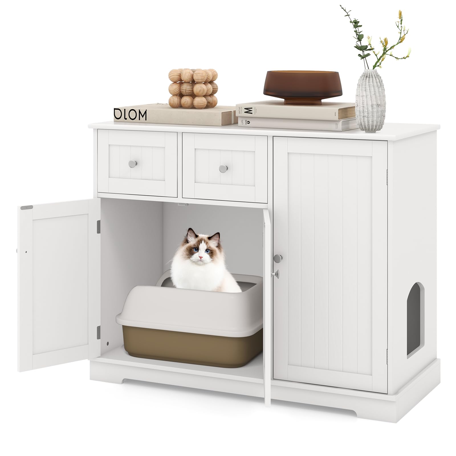 PETSITE White Cat Litter Box Enclosure, Modern Hidden Litter Box Furniture Side Cabinet with 2 Drawers, 3 Doors, and Anti-toppli