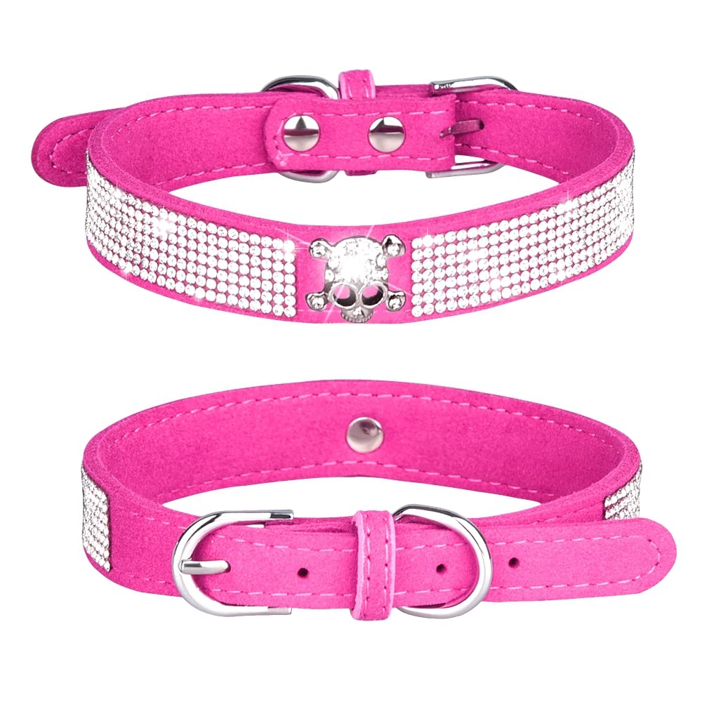 Pimaodog Rhinestone Dog Collar, Cute Dazzling Sparkling Soft Suede Leather Adjustable Pet Dog Cat Collar Crystal Diamond For Puppy Small Medium Large Dogs (L:38 - 46Cm, Hot Pink-5)