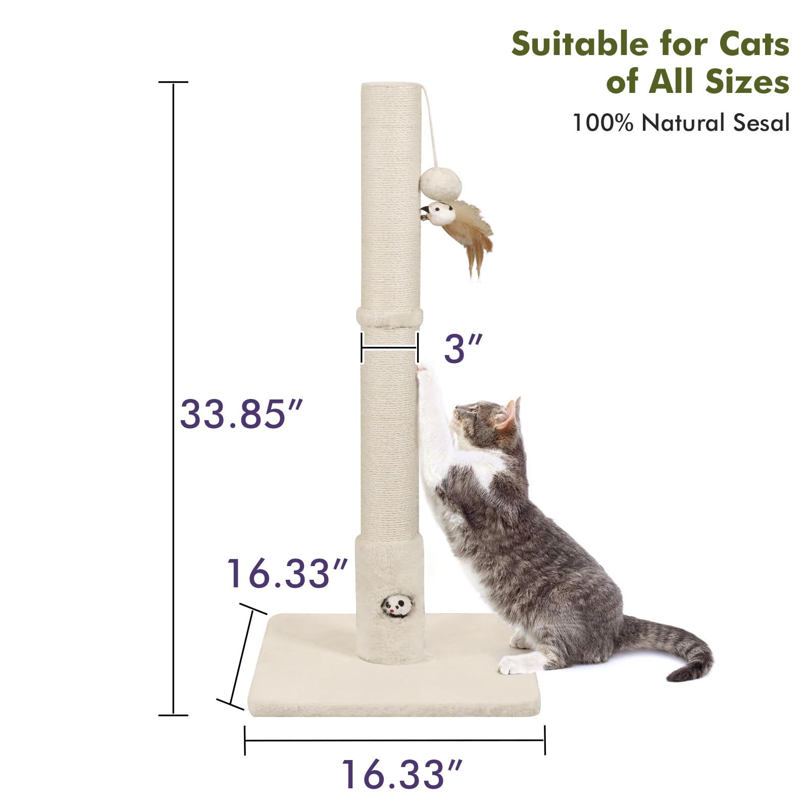 Woochpet 34 Tall Cat Scratching Post With Premium Sisal Rope For Indoor Scratcher Post Tree For Indoor Cat Toy With Mouse Hole,