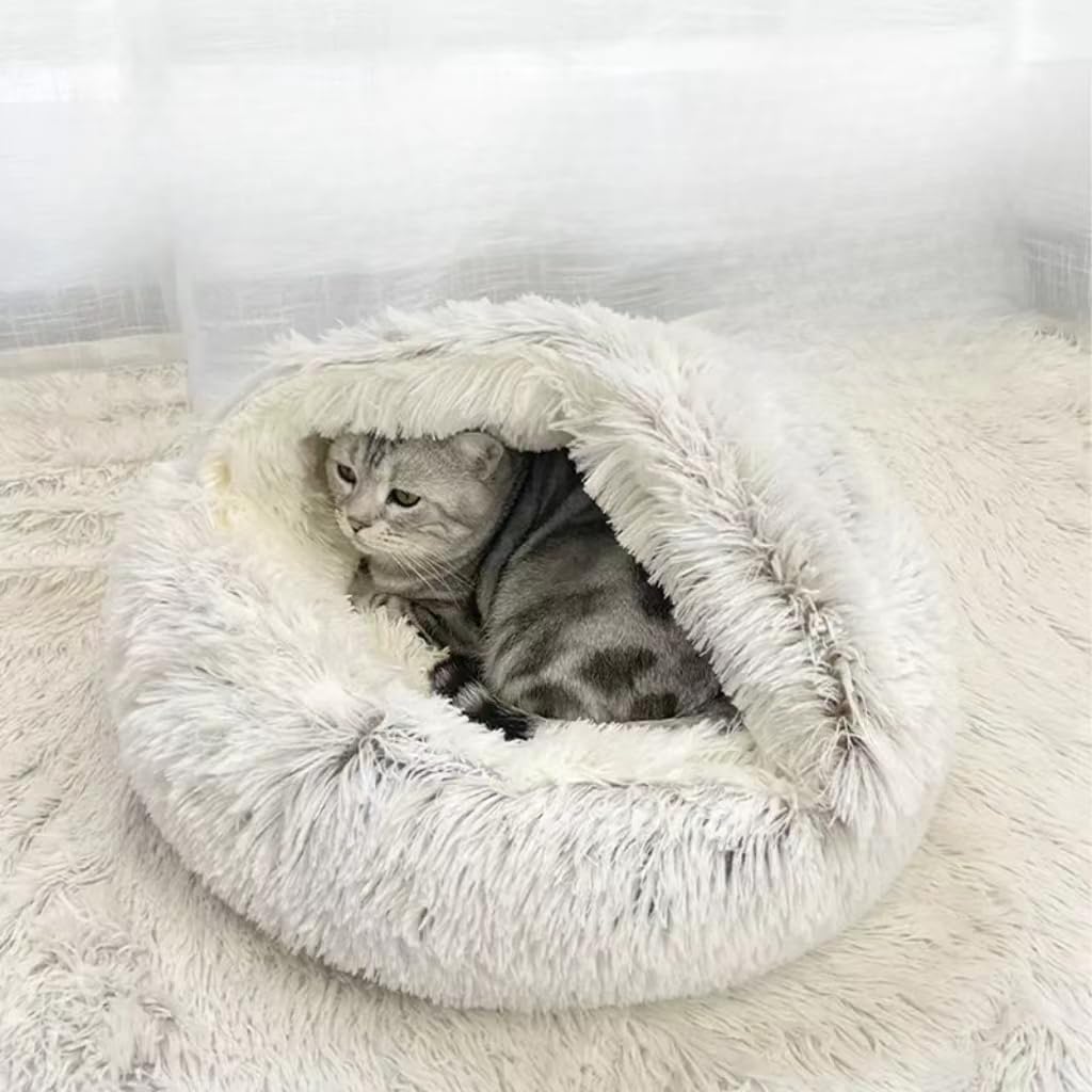 Cat Bed Round Fluffy Hooded Cat Bed Cave, Anti-Anxiety Cave Bed With Hooded Blanket, Cozy Cuddler Luxury Puppy Pet Bed, Anti-Sli