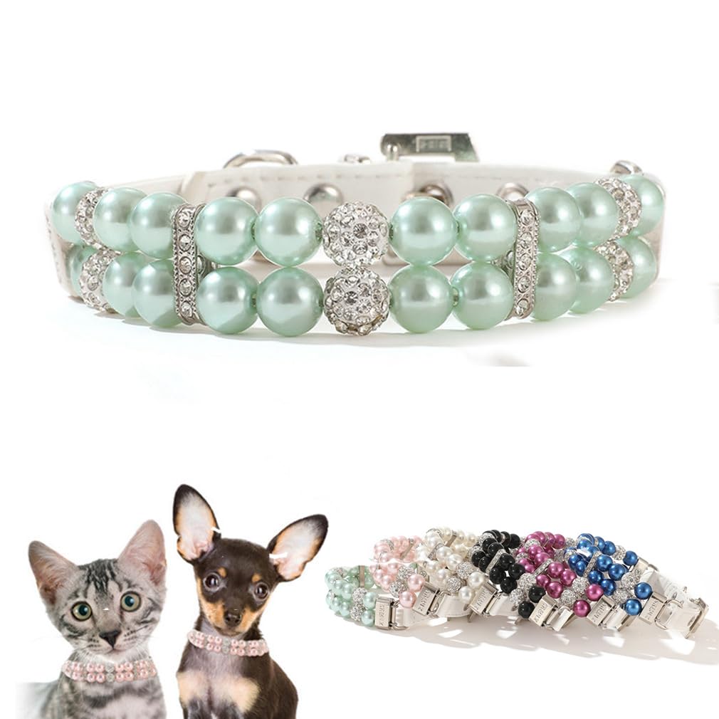Green Pearl Kitten Collar, Fancy Crystal Bling Dog Pearl Collar Rhinestone Luxury Beaded Puppy Necklace Diamond Girl Cat Jewelry