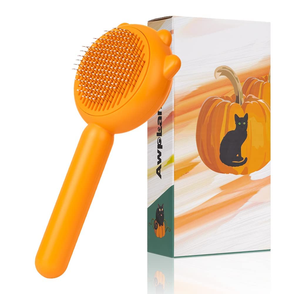 Pumpkin Cat Brush With Release Button, Awpland Pumpkin Shape Dog Self Cleaning Hair Brush, Deep Cleaning Dog Grooming Supplies For Long Or Short Haired Cats Dogs Puppy Rabbits