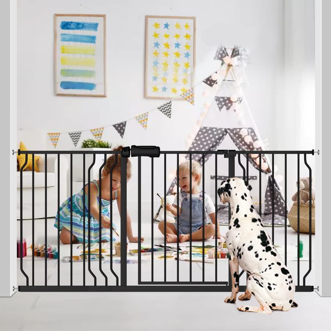 Extra Wide Baby Gate Black 48-53 Inch Wide, Walk Through Pressure Mounted No Drill, Long And Large Tension Gate For Pet And Kids