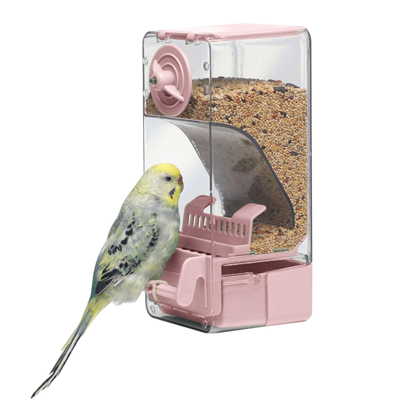 Automatic Bird Feeder, Bird Cage Feeder with Perch for Parakeet Canary Cockatiel Finch (Pink)