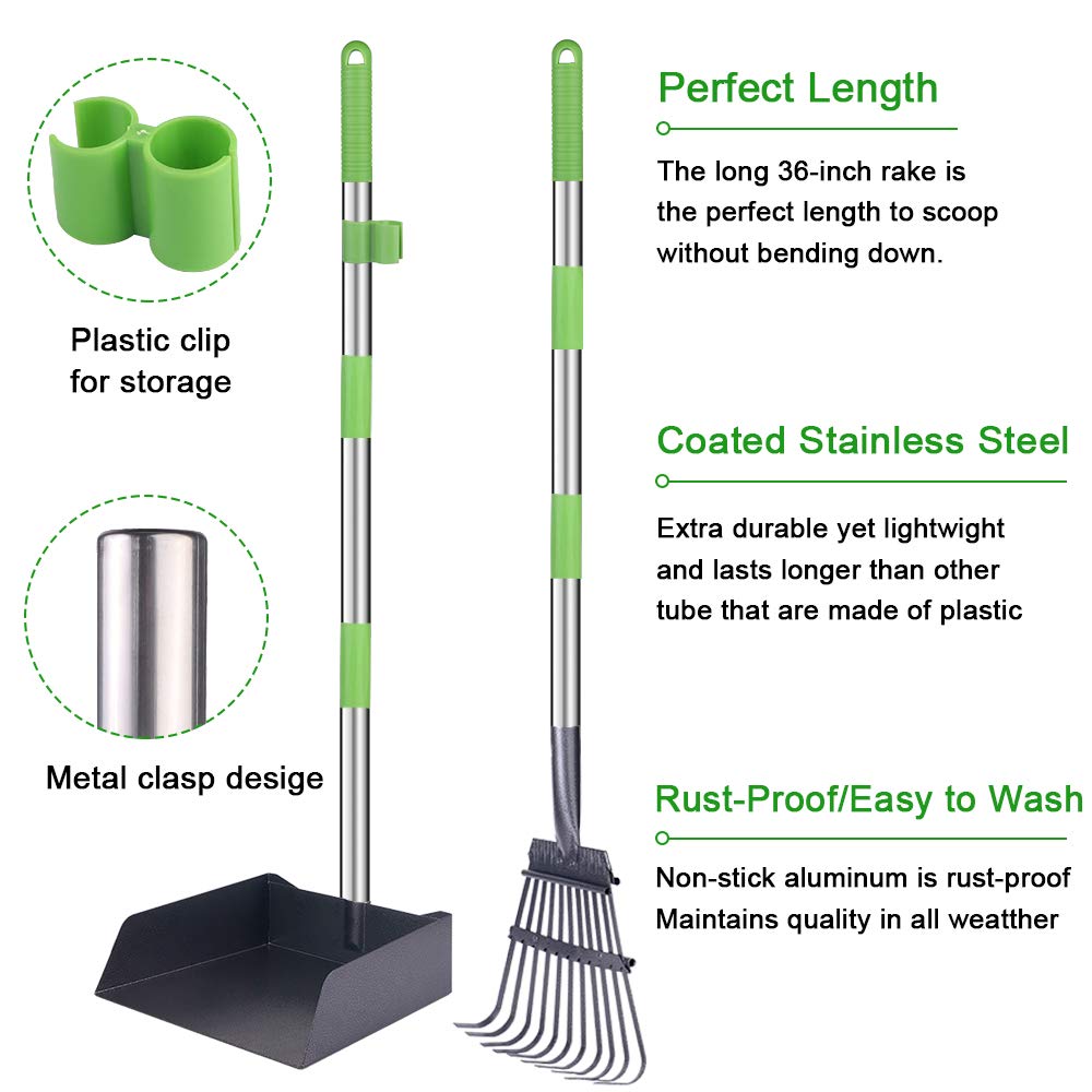 Dinjoo Extra Large Dog Pooper Scooper, Metal Pet Poop Tray & Rake Set, Adjustable Long Handle For Large Dogs - Great For Grass/Street/Gravel