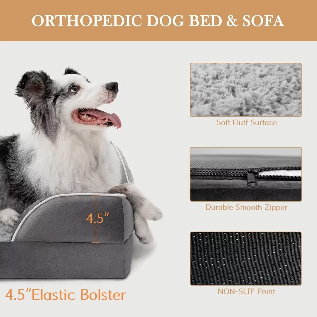 Comfort Expression Large Dog Bed - Waterproof Orthopedic Foam, 36"x27"x7.5", Grey, Removable Cover, Non-Slip Bottom