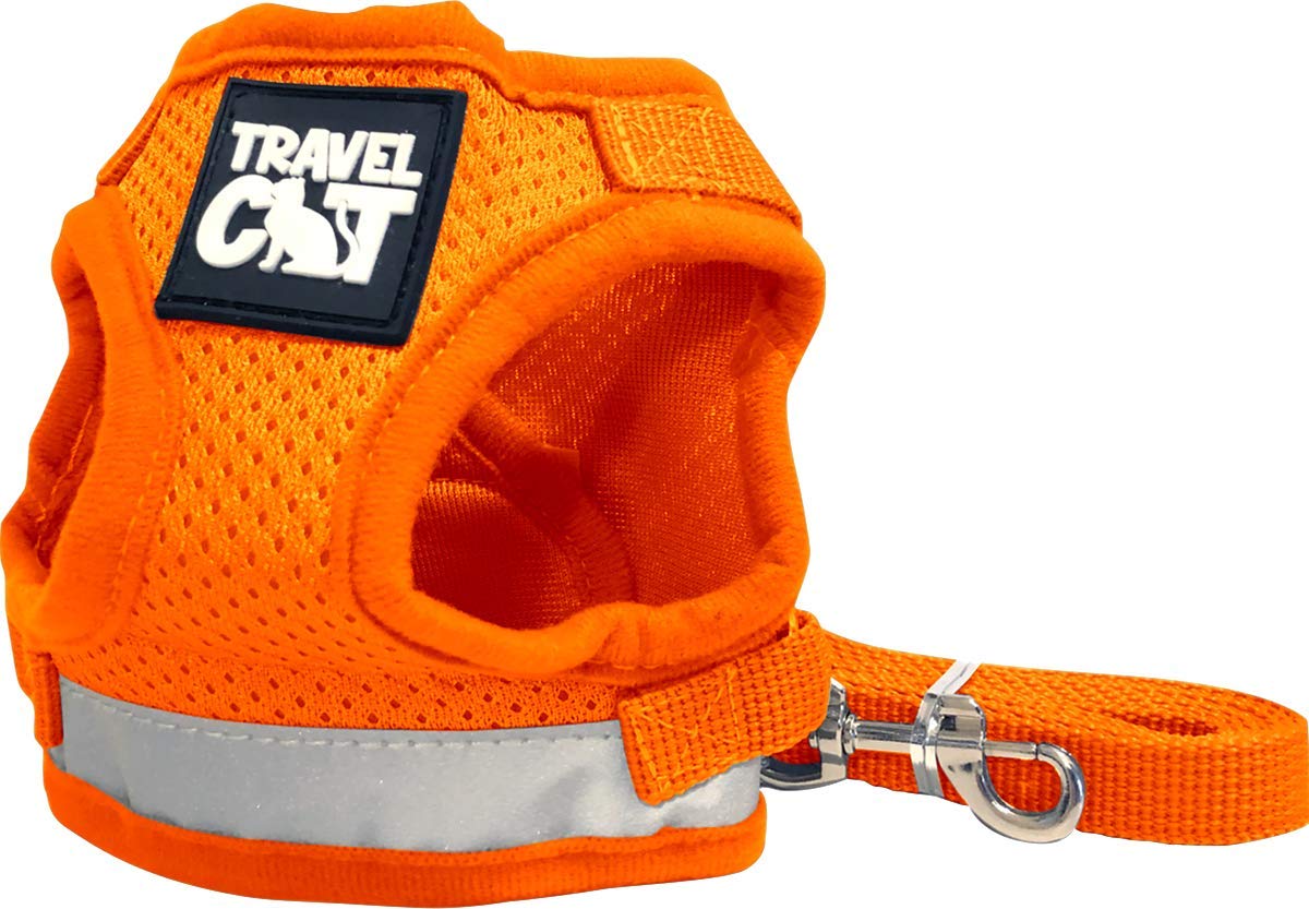 Travel Cat Harness And Leash Set - Adjustable Comfort Fit Mesh Vest Harnesses With Reflective Strap - Snug Fit Harness For Cats, Kitten For Outdoor Walking, Orange, Large (Chest 16-19 Inch)