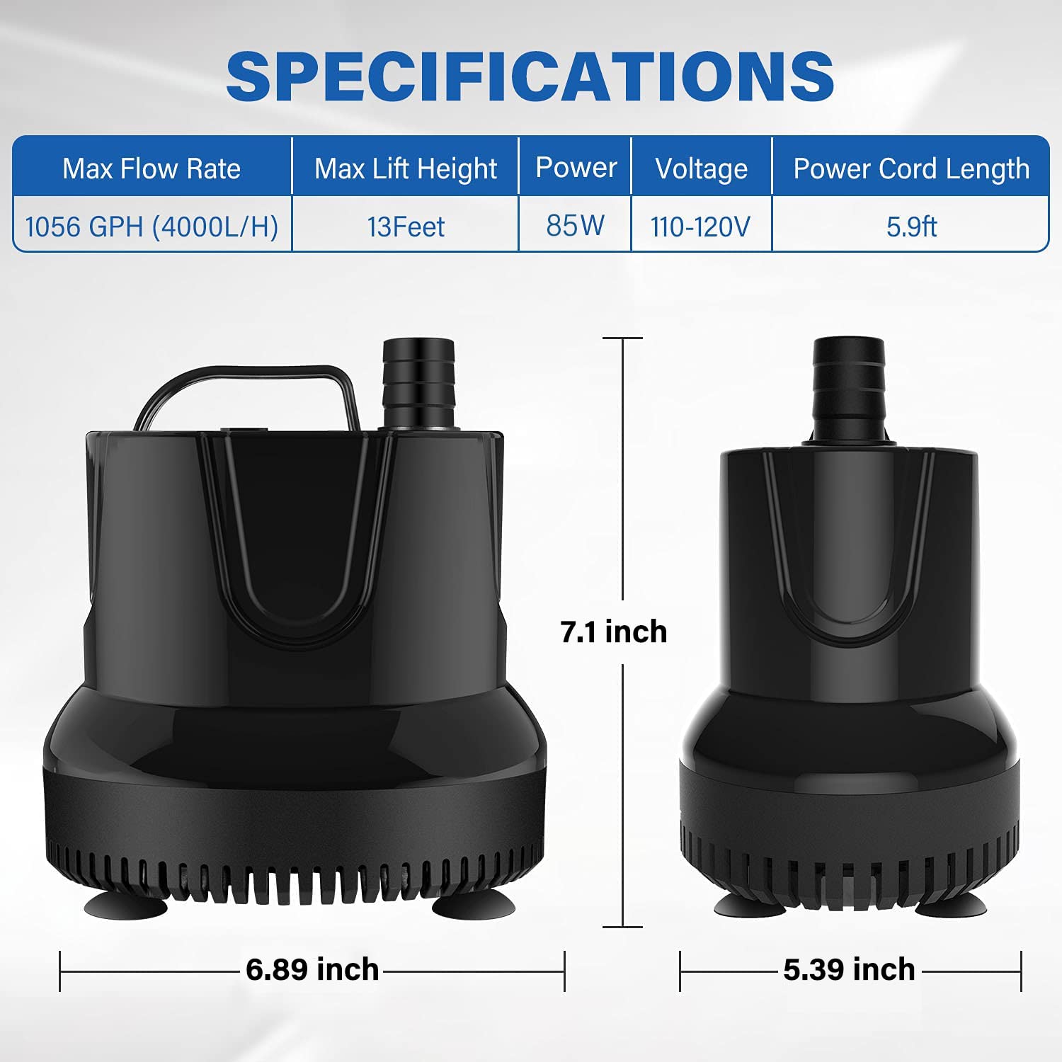 Simple Deluxe 1056Gph Bottom Suction Submersible Water Pump (4000L/H, 85W) With 13Ft High Lift 3 Nozzles For Fish Tank, Pond, Aquarium, Hydroponics, Black
