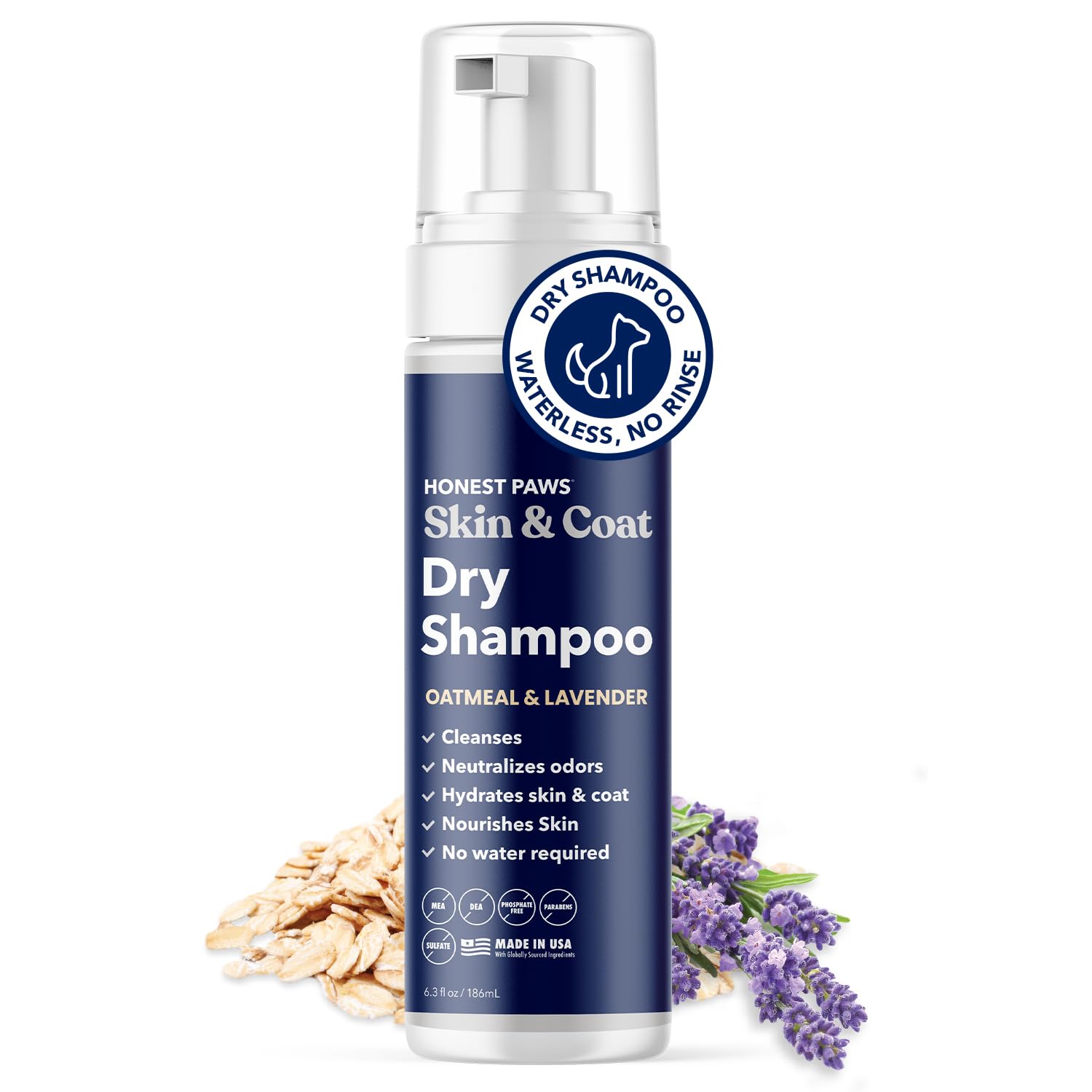 Honest Paws Dog Dry Shampoo - Waterless No Rinse Foaming Formula Reducing Itch Cleanse Hydrate Nourish Dry Skin And Smelly Coat Help Decrease Odor Shedding And Allergies - Oatmeal & Lavender - 6.3 Oz