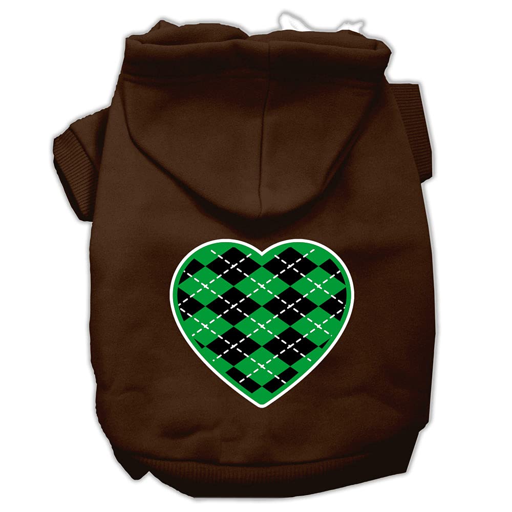 Pet Dog & Cat Hoodie Screen Printed, 'Green Argyle Heart' Brown Xs (0-3 Lbs.)