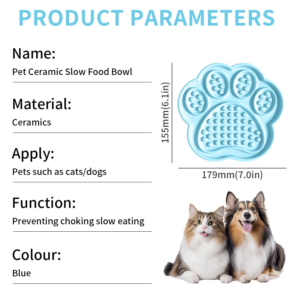 Ceramic Slow Feeder for Dogs & Cats, 7   Lick Mat and Puzzle Feeder Blue Cat Dish for Anxiety Relief, Interactive Treats and Wet