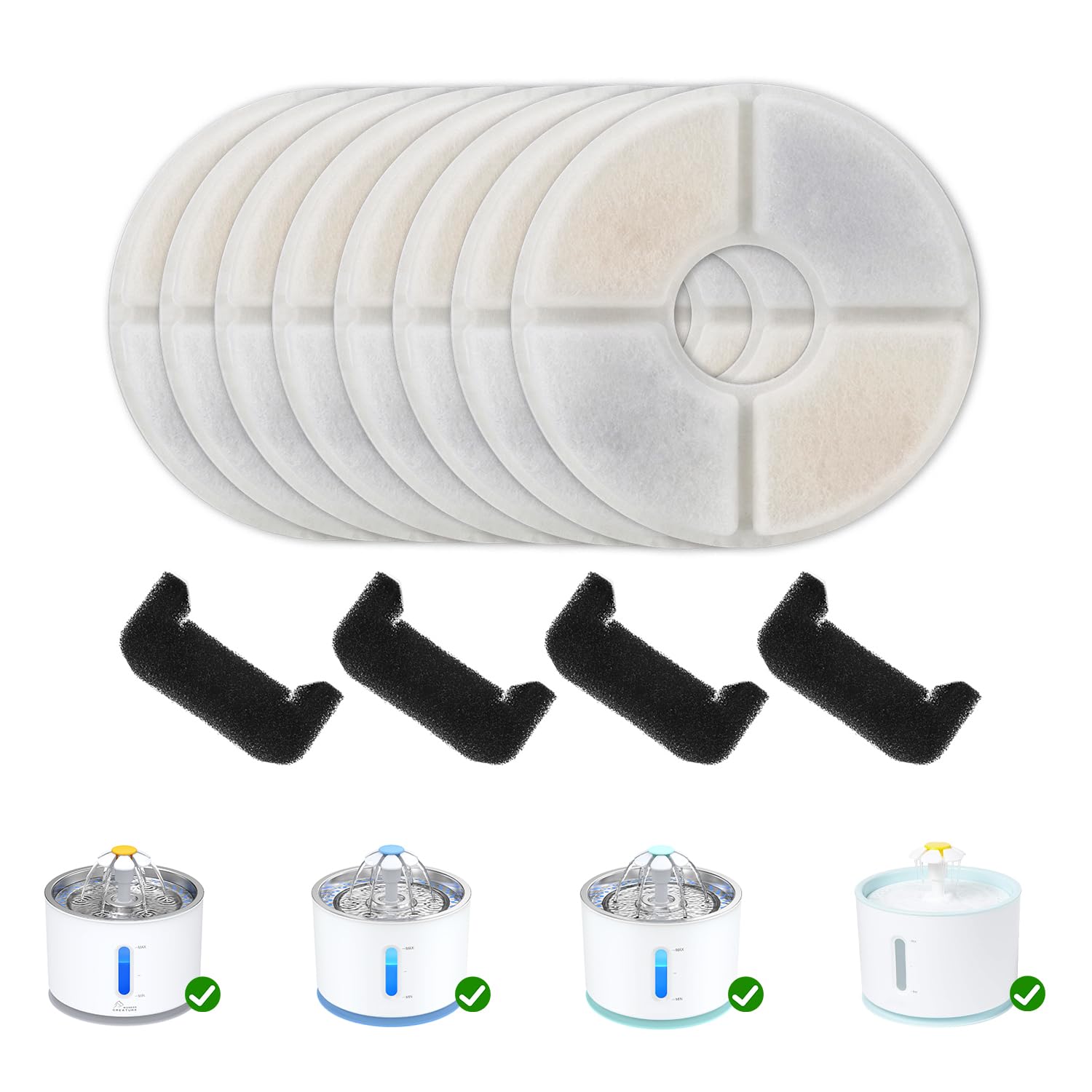 Wonder Creature Cat Fountain Filter Replacement For Round Stainless Steel Top Cat Fountain, 8 Carbon Filters 4 Foam Filters Pack