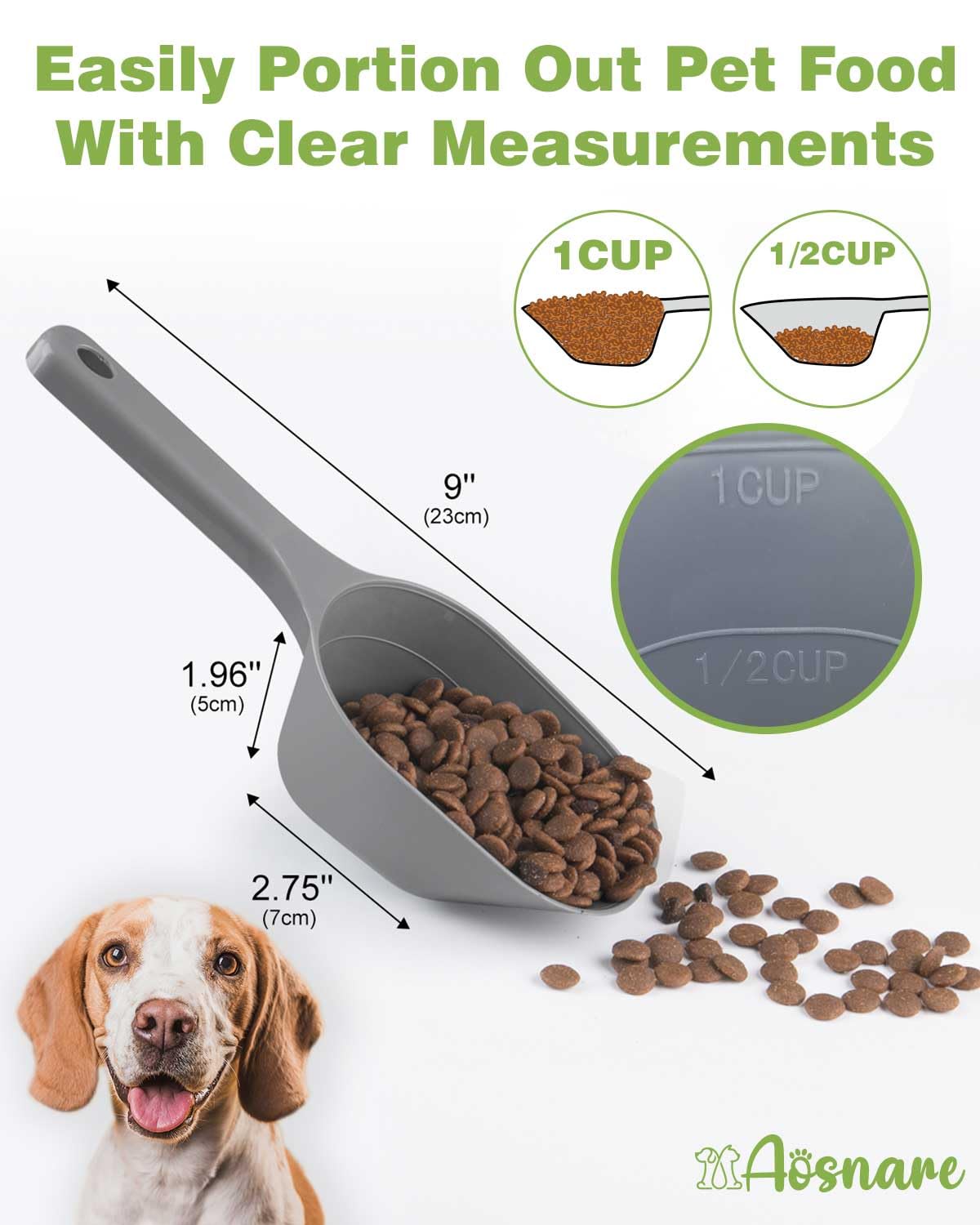 Aosnare 3PCS Dog Food Scoop, 1 Cup Plastic Pet Food Scoop with Measuring Lines 1/2 Cup and 1 Cup for Dogs, Cats, Birds and Rabbi