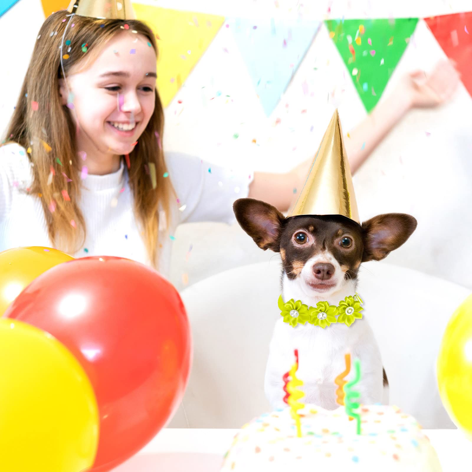 Reginary 80 Pcs Dog Bowtie Flower Collar Girl Dog Accessories Adjustable Girl Puppy Collars Cat Bow Tie Flower With Diamond Crys