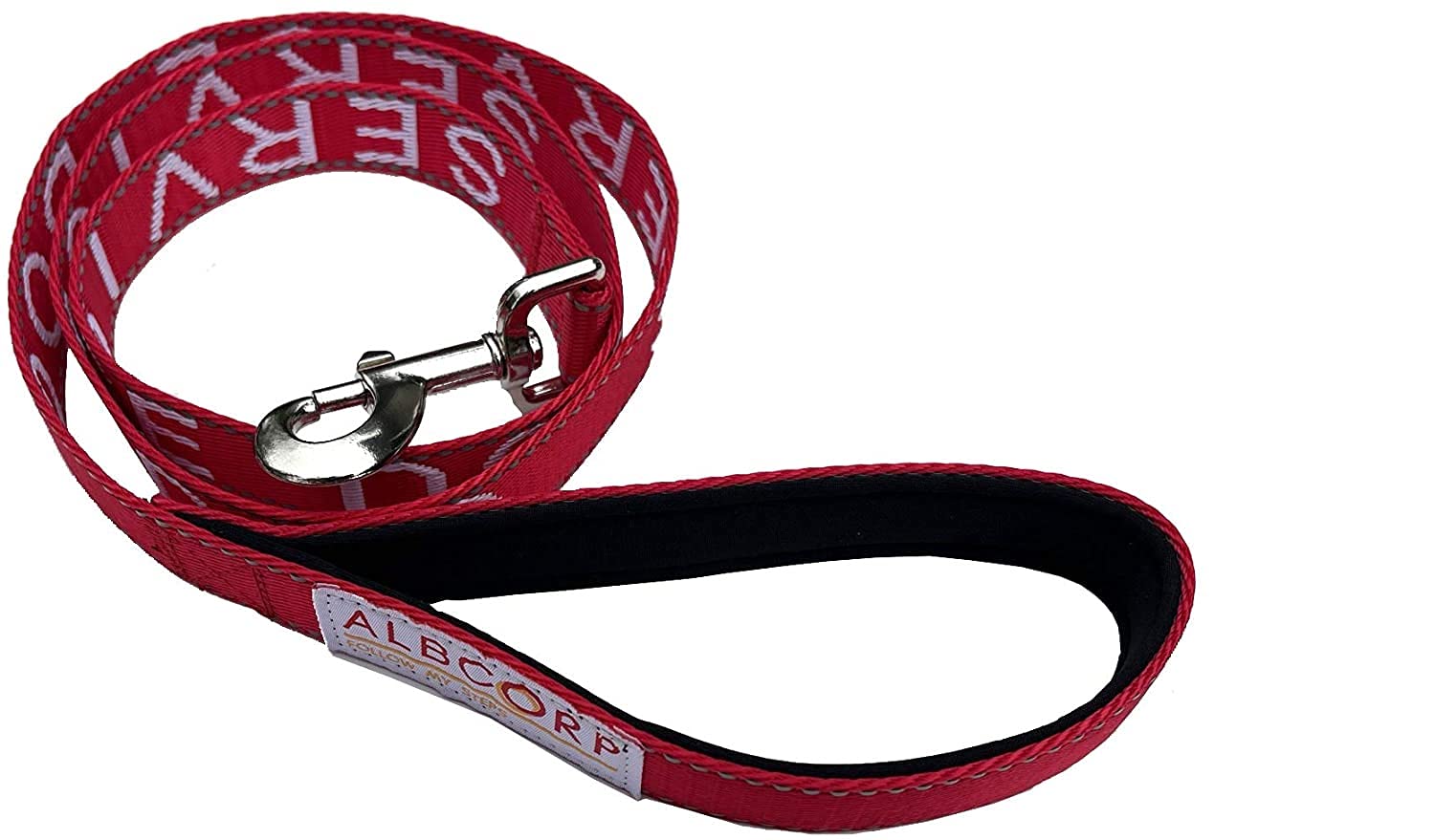 Albcorp Service Dog Leash - Embroidered- With Padded Neoprene Handle And Reflective Threads, 4 Feet, For Harnesses, Vests Or Collars, Red
