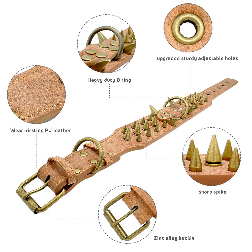 Berry Pet 2' Spiked Leather Dog Collar - Anti-Bite Sharp Rivet Studded For Pit Bull Medium Large Dogs,Brown Neck For 18.5-23.5' Total Length 25.5'