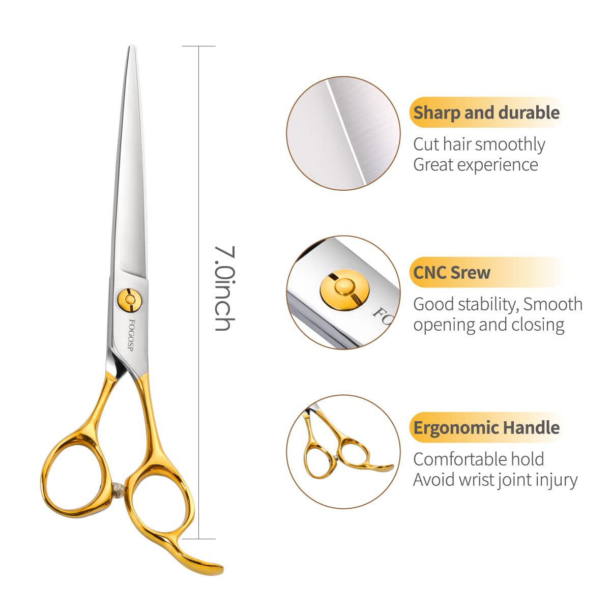 Fogosp Professional Dog Grooming Scissors Straight 7'' Grooming Shears For Cutting Small Pet Cat Thick Hair Japan 440C Stainless