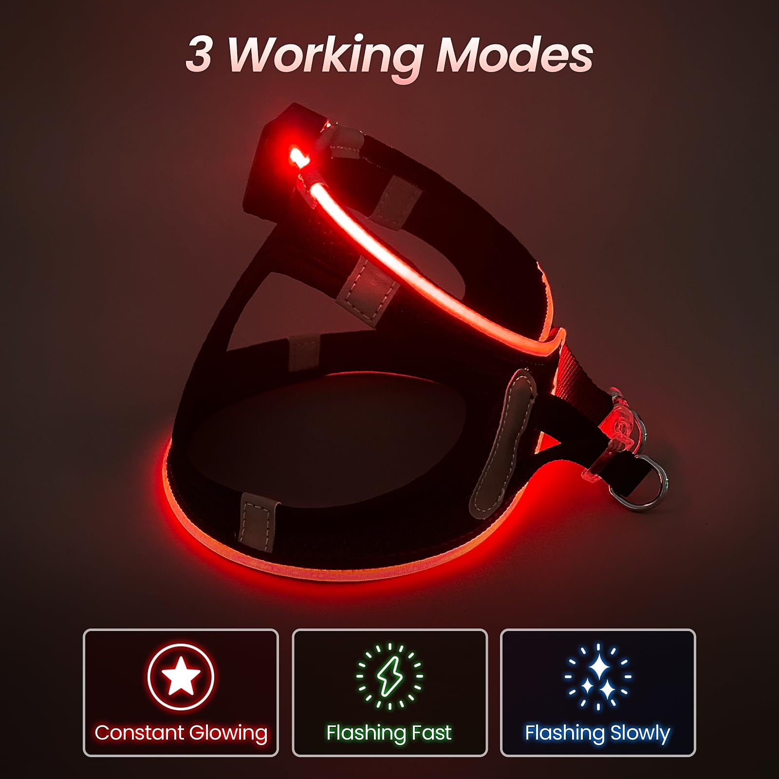 Pceotllar Light Up Dog Harness - Led, Rechargeable, No Pull, Reflective - Flashing Light For Night Walking (Red, Xs)