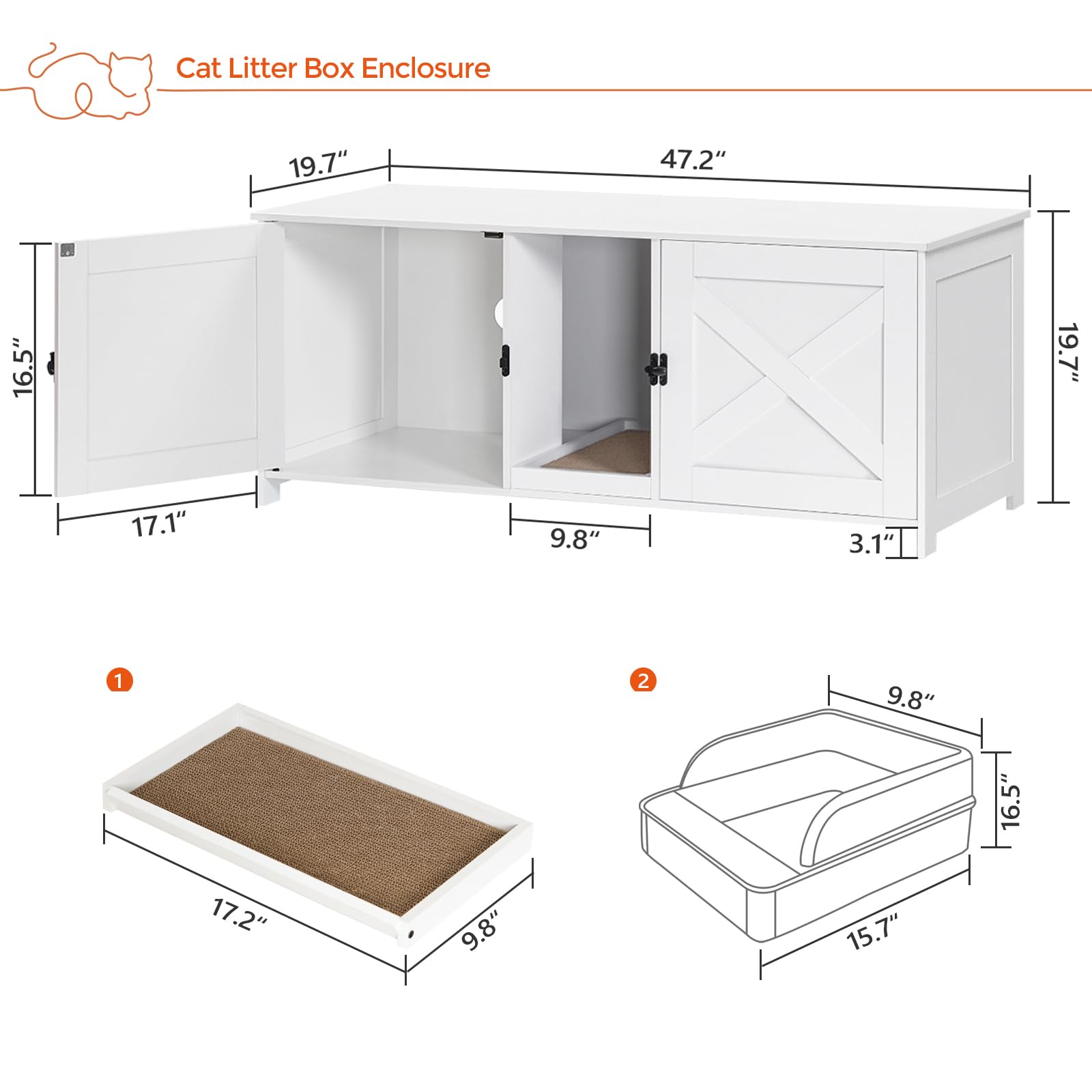 Mahancris Litter Box Enclosure For 2 Cats, 47.2'' Hidden Cat Furniture With Double Room, Wooden Washroom With Scratching Board,