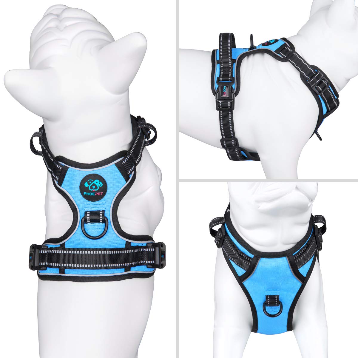 Phoepet Reflective Dog Harness No Pull Large Breed Vest With 2 Metal Leash Attachment Hooks(Xl, Blue)